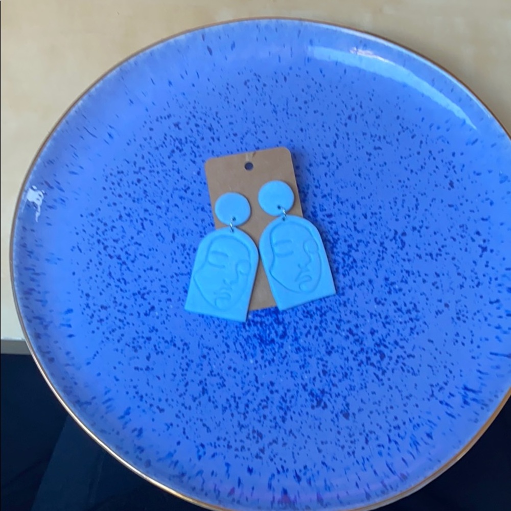Handmade Abstract Woman’s Face Clay Earrings-Blue - Picture 10 of 11